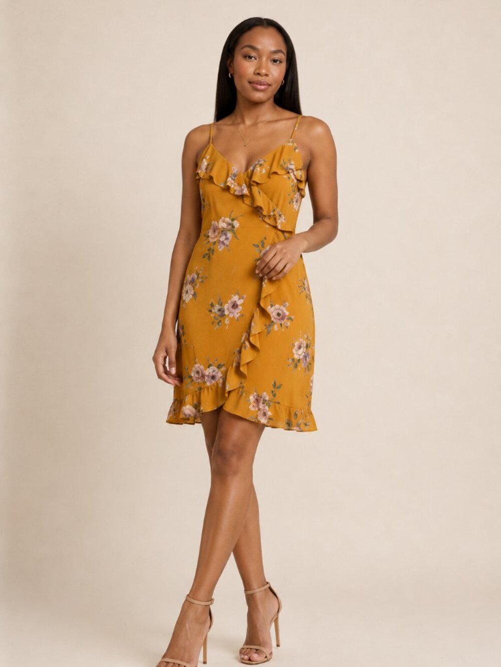 Iris Yellow Floral Ruffle Dress Womens Size L with Cardigan Layer Look